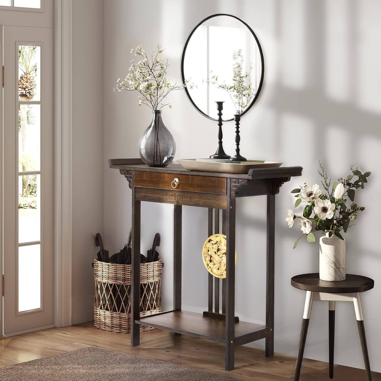 Narrow Rustic Bamboo Console Table 2 Tier Hallway Entryway Shelf 81.5x32x82cm