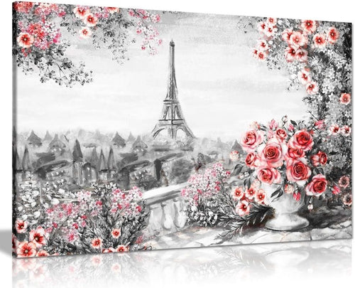 Paris Canvas Wall Art Black White Red Roses 18x12 Framed