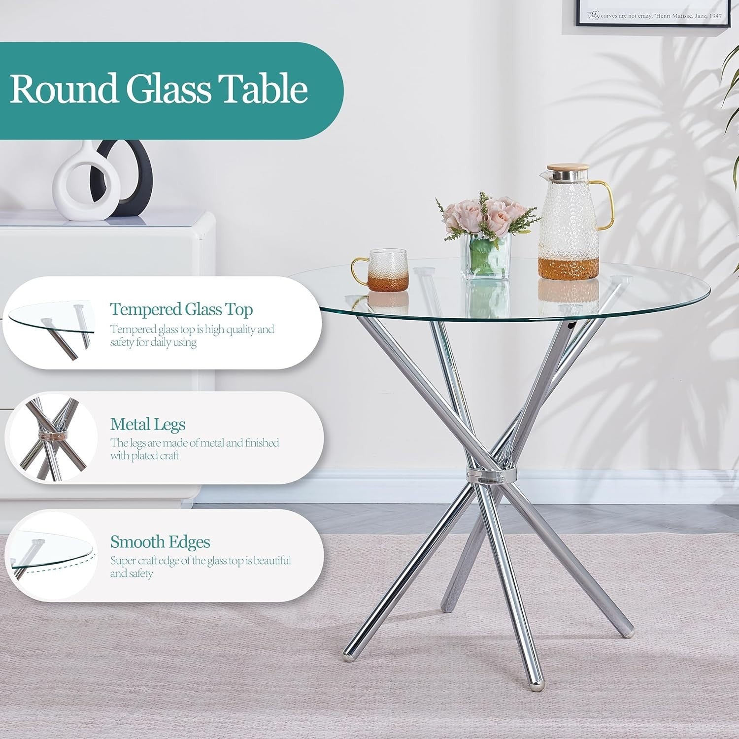 Round Glass Dining Table Set 4 Black Faux Leather Chairs Compact Kitchen