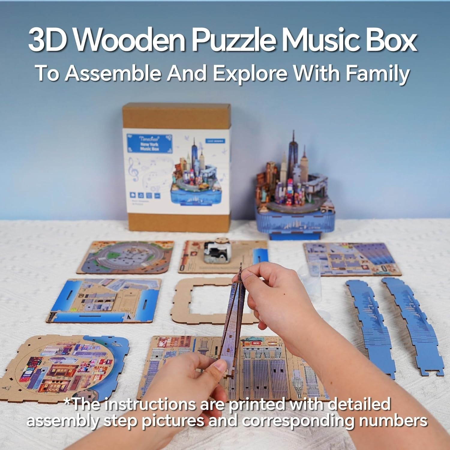 3D Wooden Puzzle Music Box Kit New York | DIY Gift, Rotates, 111 Pcs