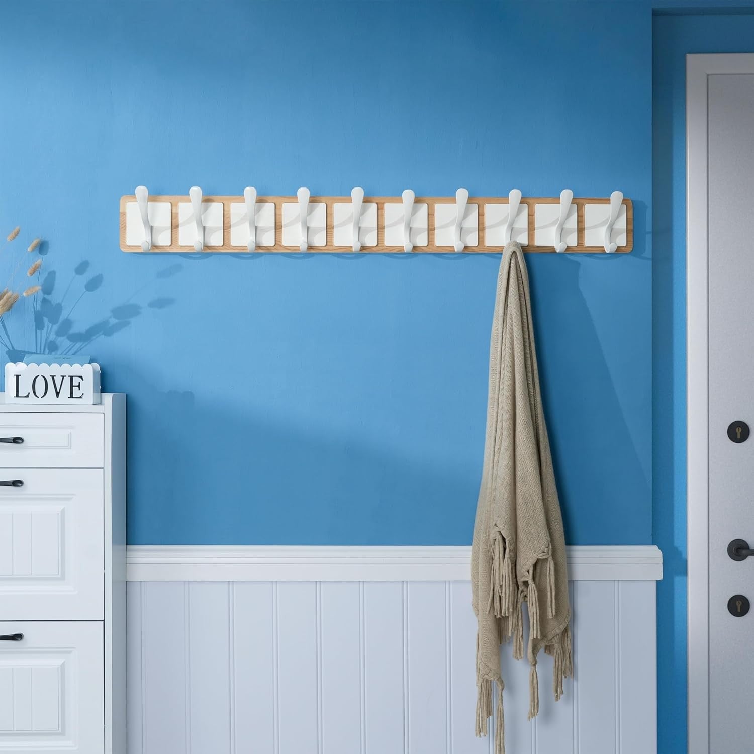 Scandi Wooden Wall Coat Rack | 10 Hook White & Natural Hanger Rail