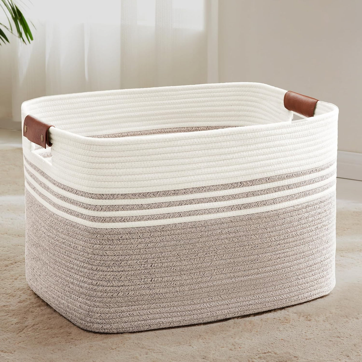 86L Large Woven Laundry Hamper with Leather Handles, Extra Storage Basket White