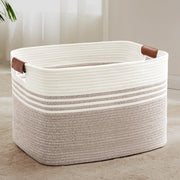 86L Large Woven Laundry Hamper with Leather Handles, Extra Storage Basket White