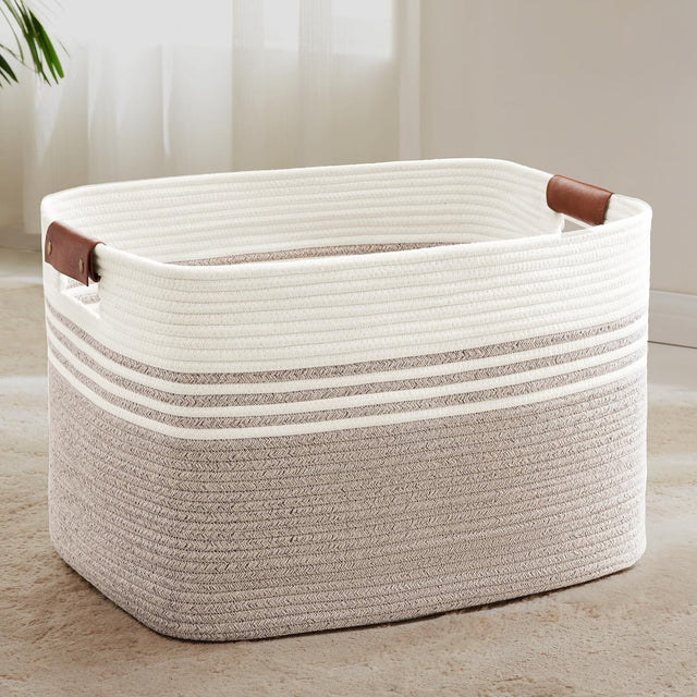 86L Large Woven Laundry Hamper with Leather Handles, Extra Storage Basket White