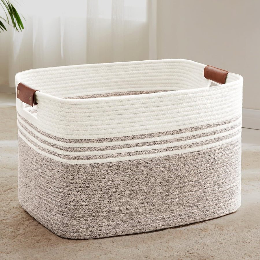 86L Large Woven Laundry Hamper with Leather Handles, Extra Storage Basket White