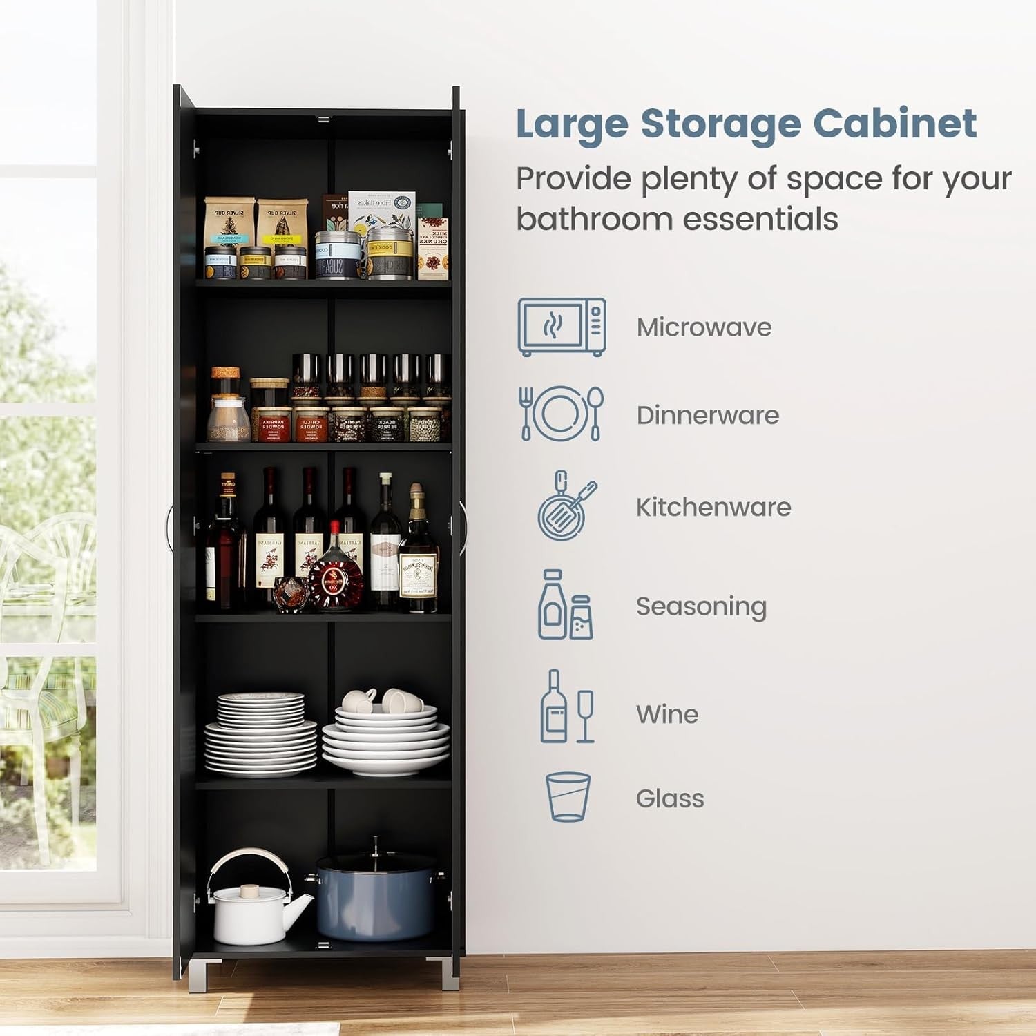 Tall Black Kitchen Cupboard 2 Door Storage Cabinet  Adjustable Shelves