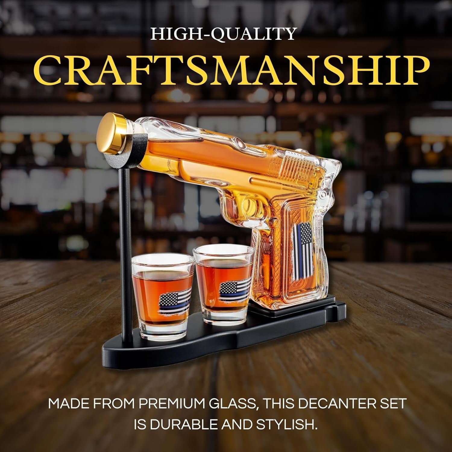 Whiskey Gun Decanter Set with Glasses & Stand – 8oz Pistol Bar Gift