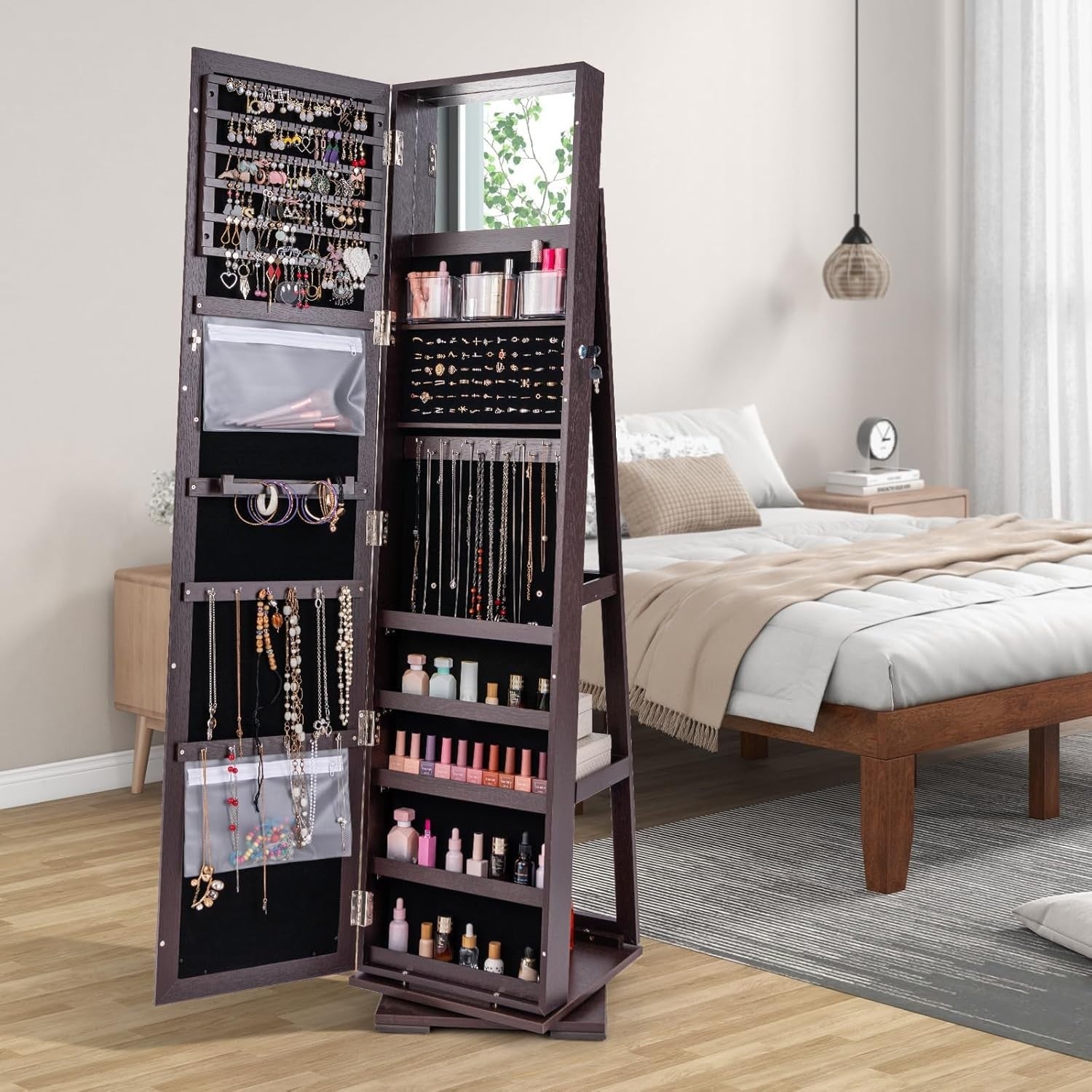 360° Swivel Jewelry Armoire Mirror Lockable Storage Cabinet with Rear Shelves
