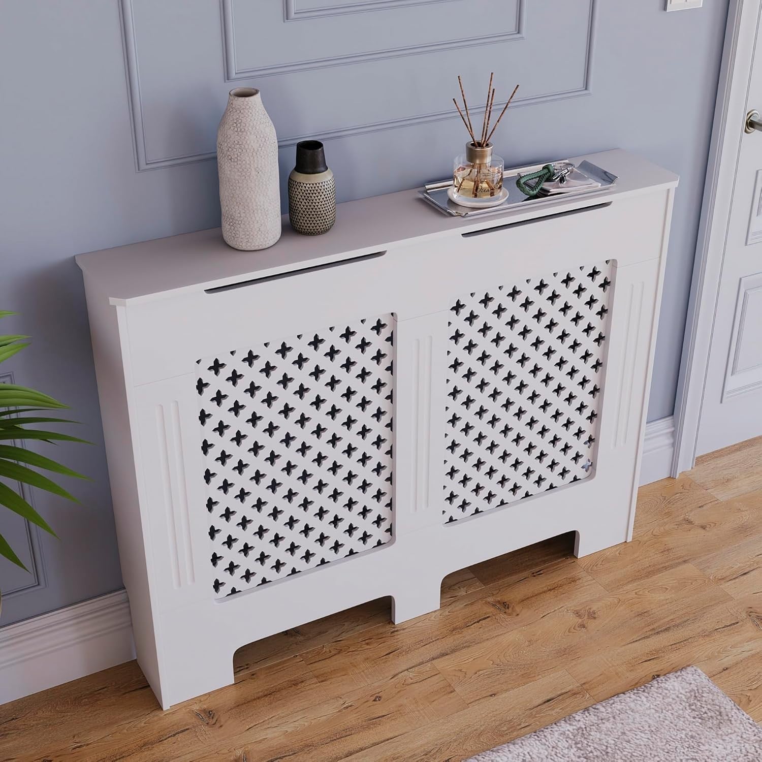 Medium White Radiator Cover 82x111x19cm Cross Pattern MDF Modern Heating Cabinet