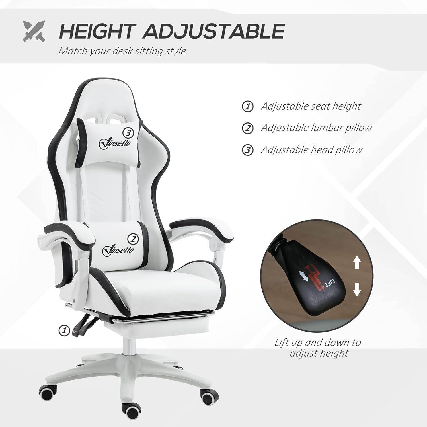 Gaming Chair PU Leather Recliner w/ Footrest 135° Swivel White Black