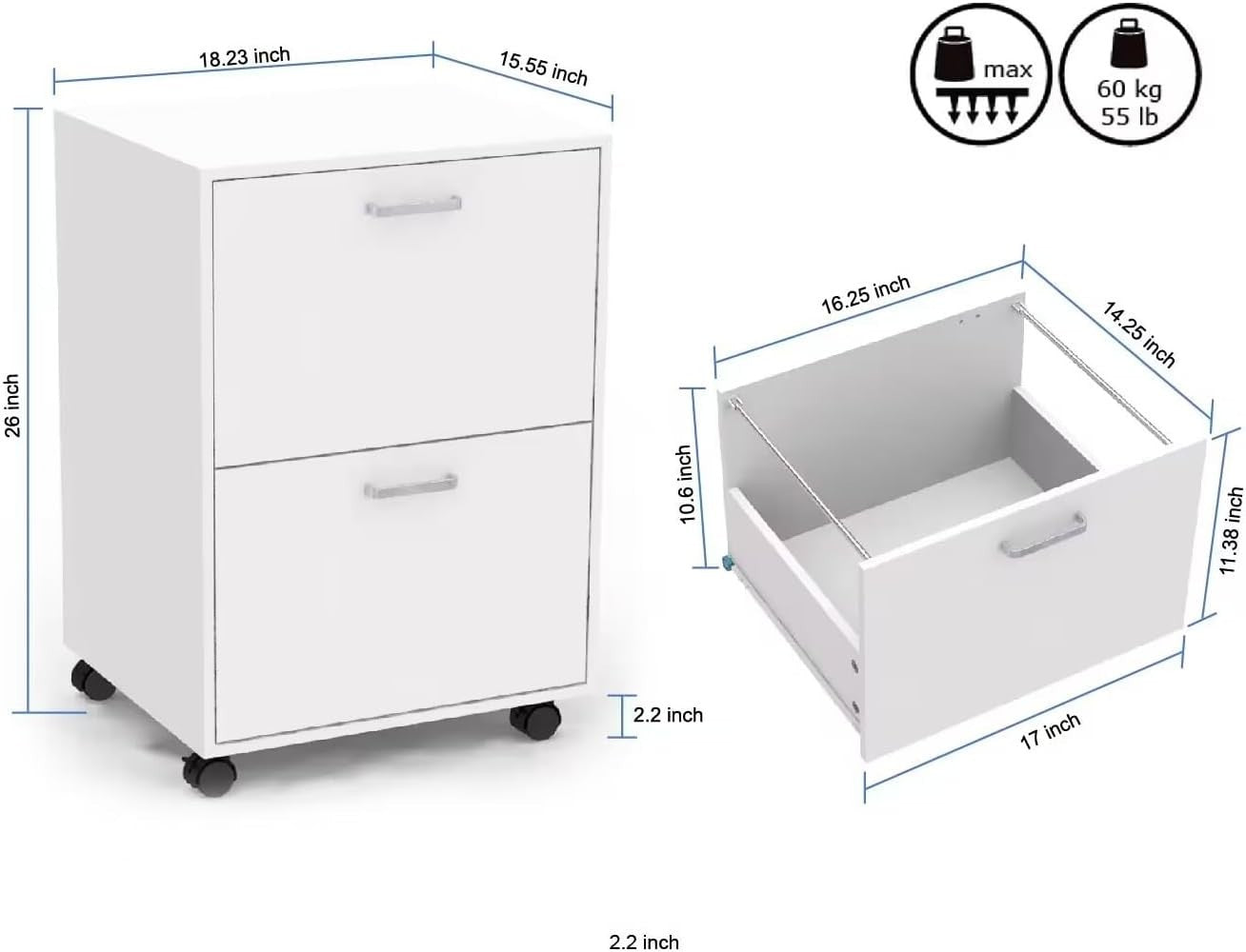 White Rolling Vertical File Cabinet 2 Drawer A4 Legal Storage