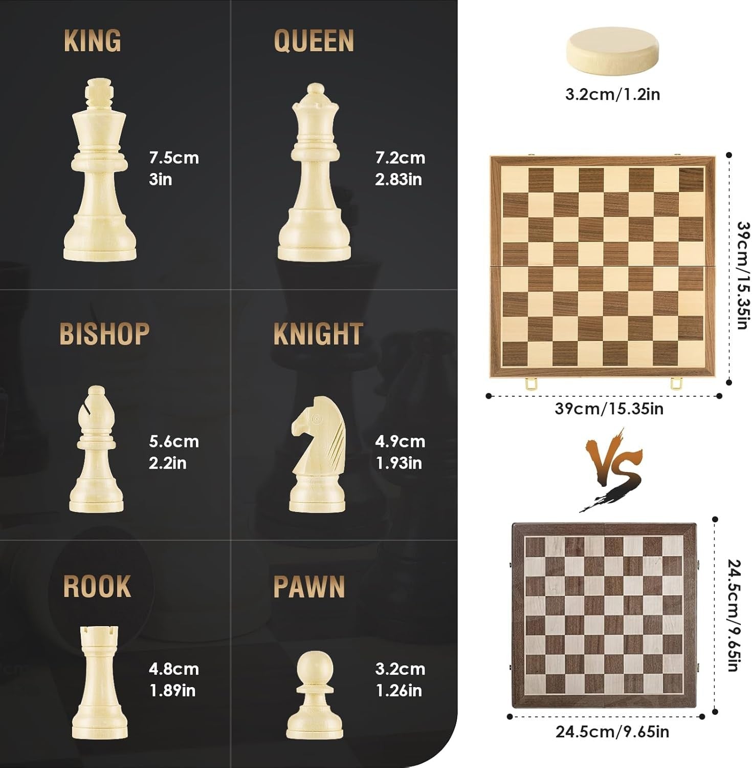 15" Magnetic 2-in-1 Wooden Chess & Draughts Board Set w/ Extra Queens
