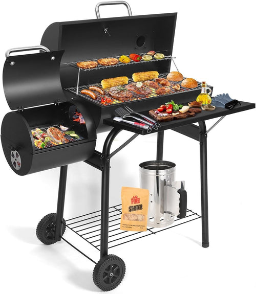 Large Charcoal BBQ Grill with Offset Smoker | Built-In Thermometer