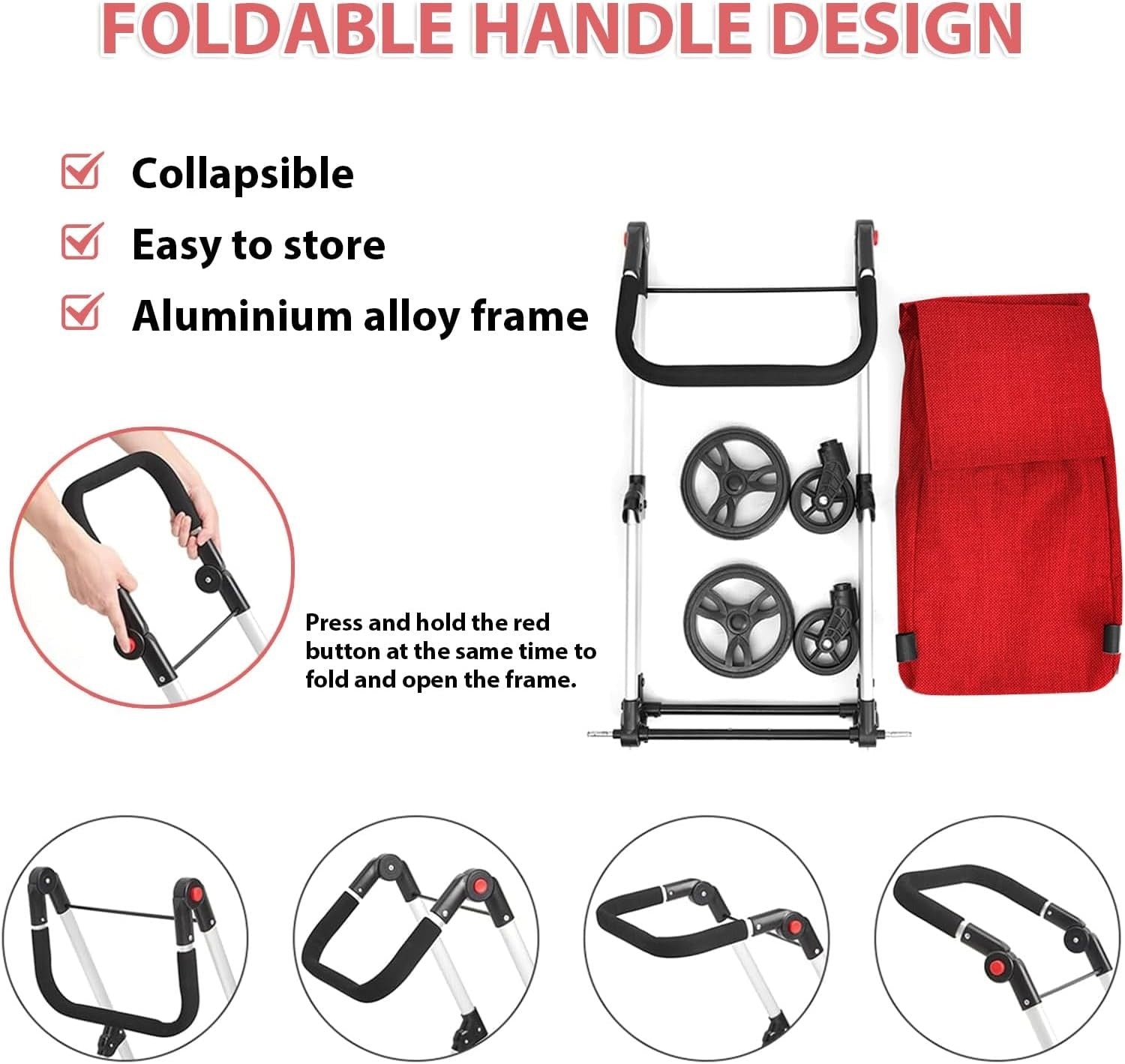 4 Wheel Grocery Shopping Trolley 46L | Foldable Aluminium Cart | Red