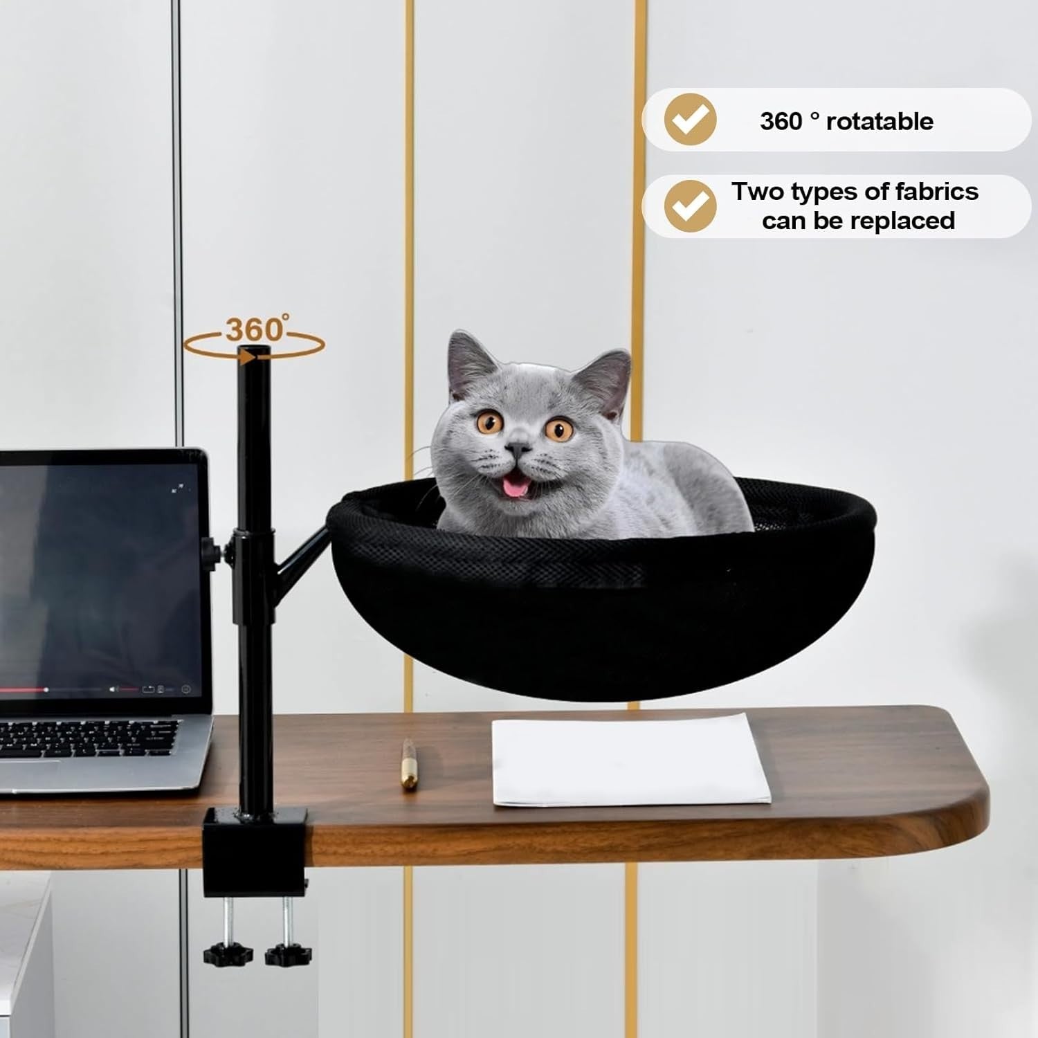 360° Rotating Cat Desk Hammock Washable Clamp On Bed Black