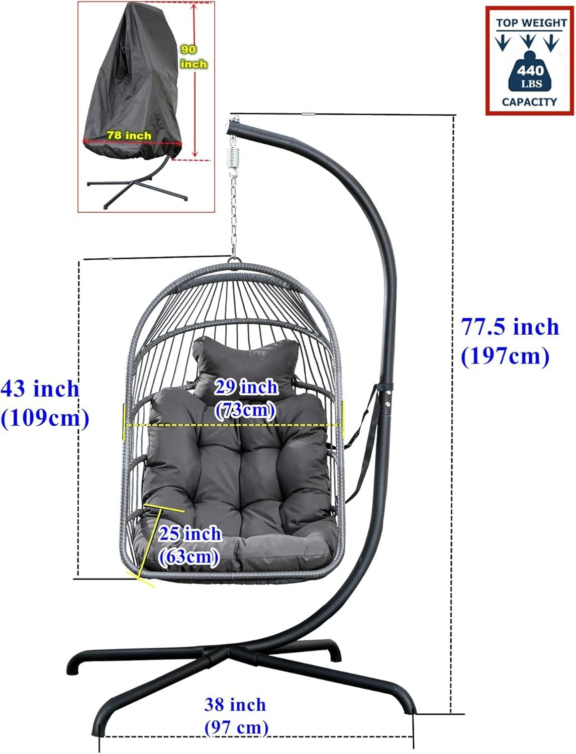 Hanging Swing Egg Chair with Stand & Soft Cushion for Indoor Outdoor Dark Grey