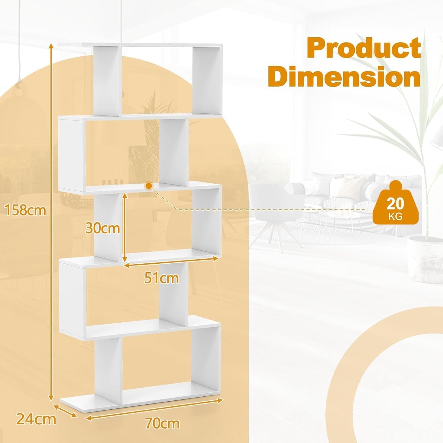 S Shaped 5 Tier Wooden Bookcase Freestanding Display Storage Shelf White