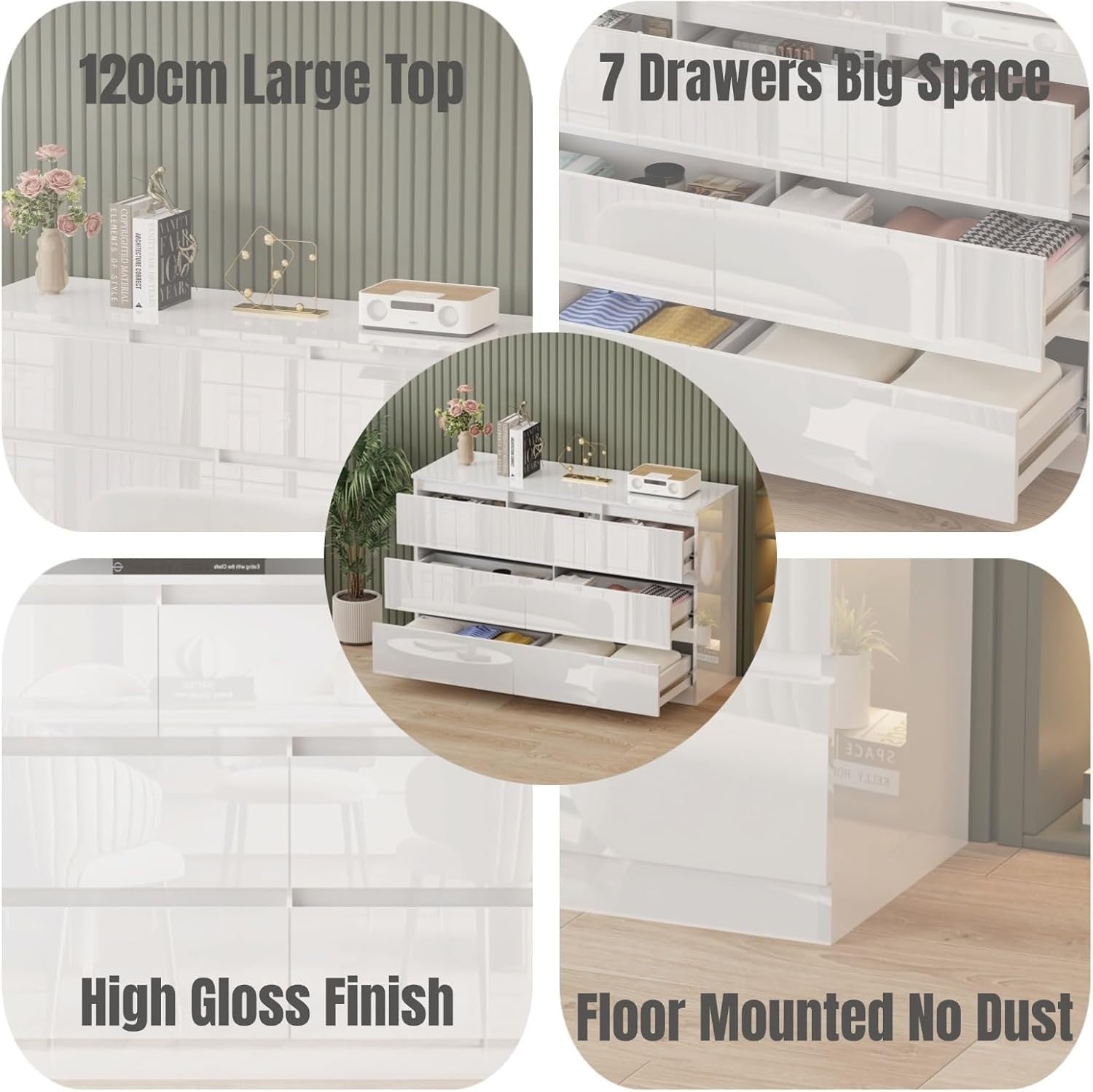 White High Gloss Chest of 7 Drawers Bedroom Storage Modern Unit