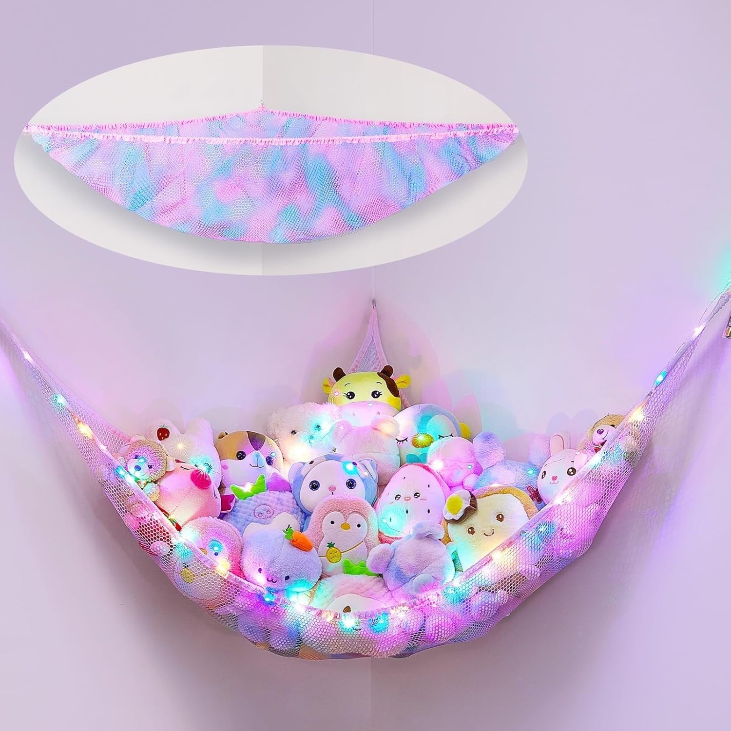 LED Toy Hammock Corner Net Storage – Kids Stuffed Animal Organizer