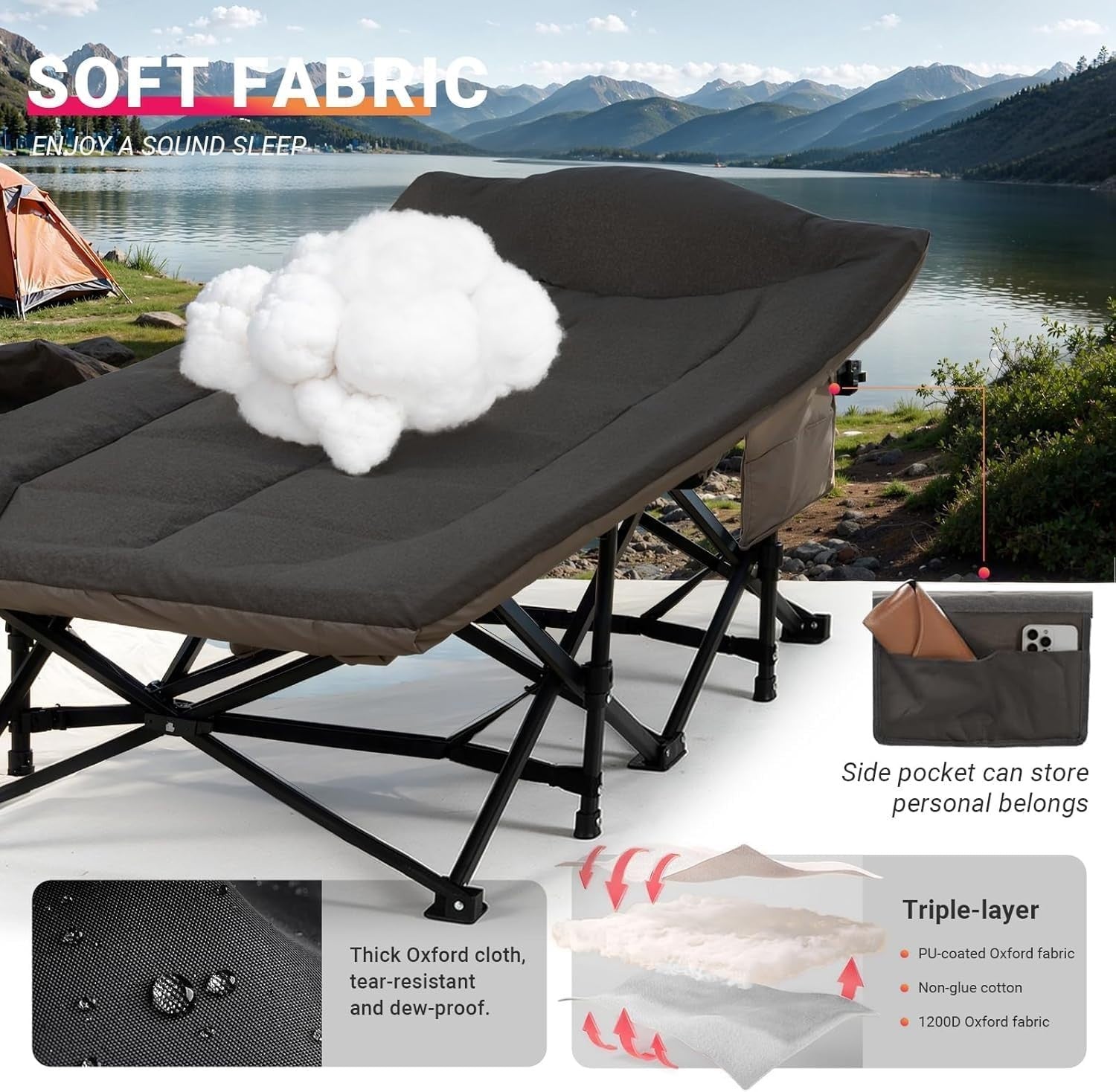 Extra Wide Folding Camping Bed with Cushion & Pillow - Portable Outdoor Cot