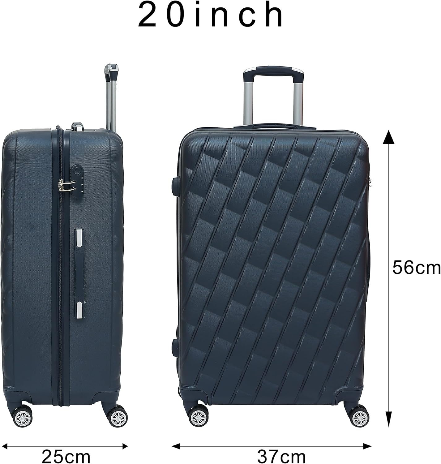 20 Inch Cabin Hard Shell Carry On Suitcase 4 Dual Spinner Wheels Lock Navy