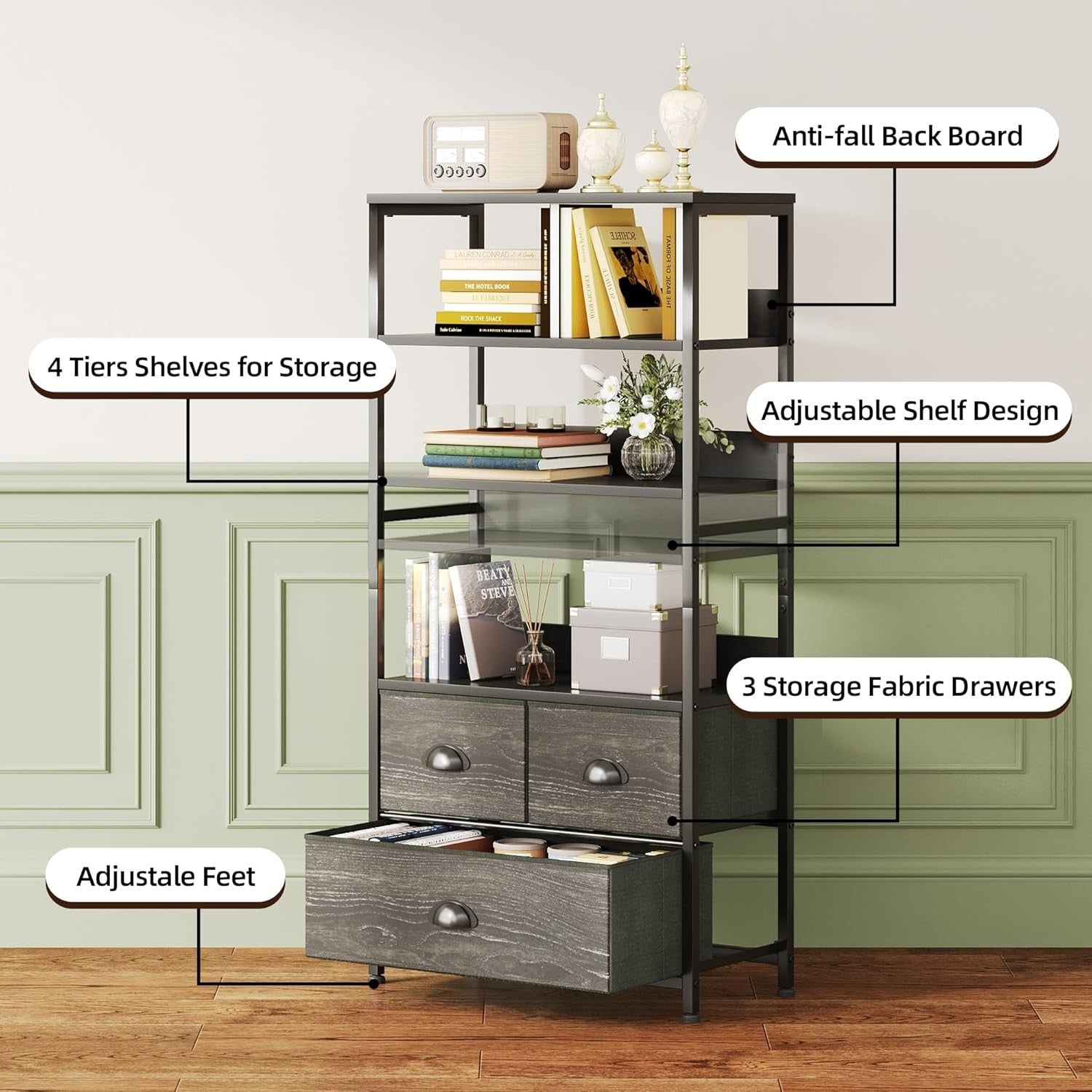 4 Tier Rustic Bookshelf with 3 Drawers Industrial Storage Cabinet Shelves Black