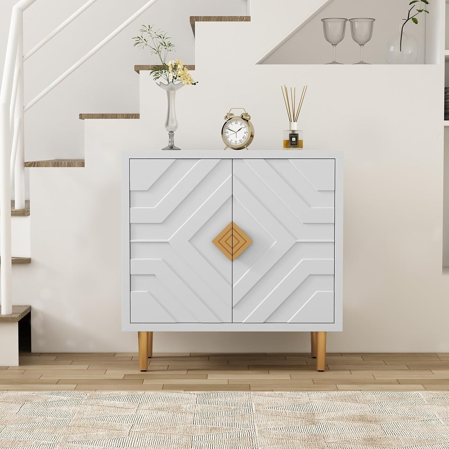 Modern White Sideboard Cabinet 3D Embossed Doors Storage Unit