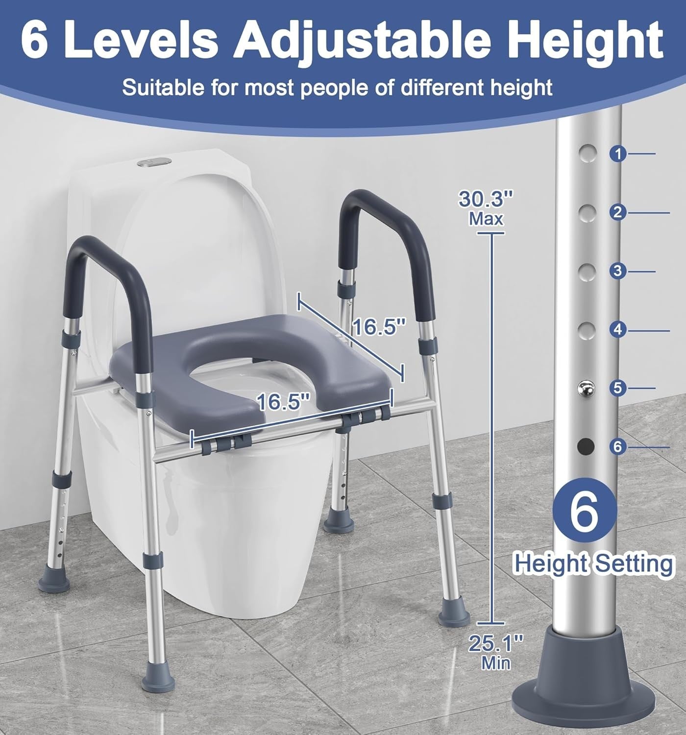 Raised Toilet Seat with Handles Height Adjustable 400lb Support Padded 16.5"