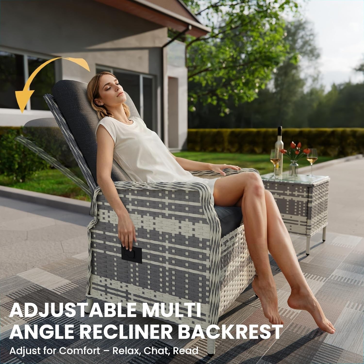 Adjustable Rattan Recliner Patio Set Chairs Stools Coffee Table Outdoor Black