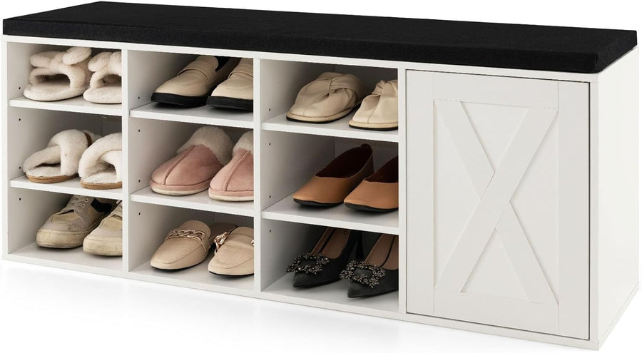 Wooden Shoe Storage Bench with Cushion & Barn Door, 9 Compartments