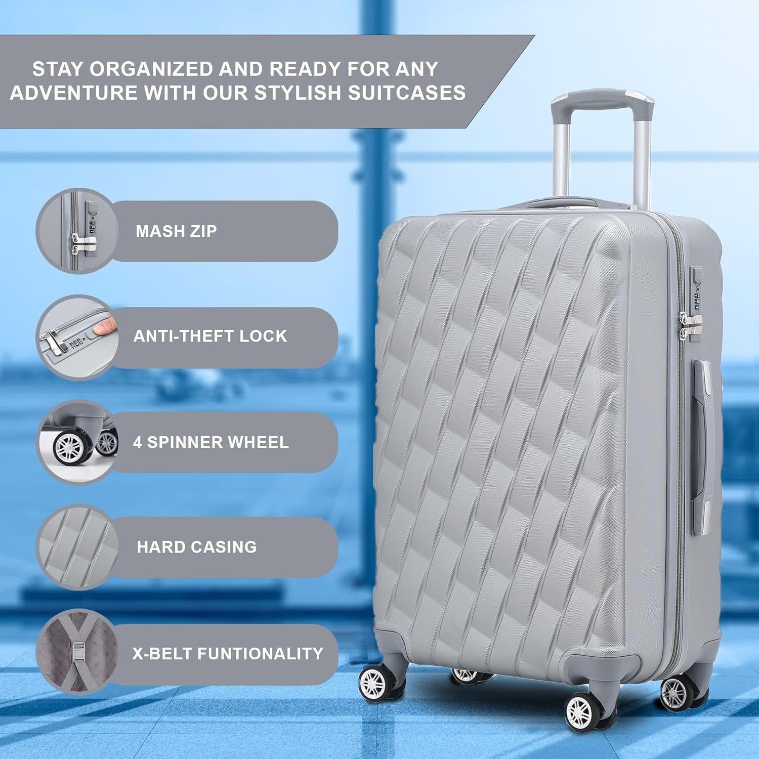 20 Inch Cabin Carry On Hard Shell Suitcase 4 Dual Spinner Wheels Lock Silver