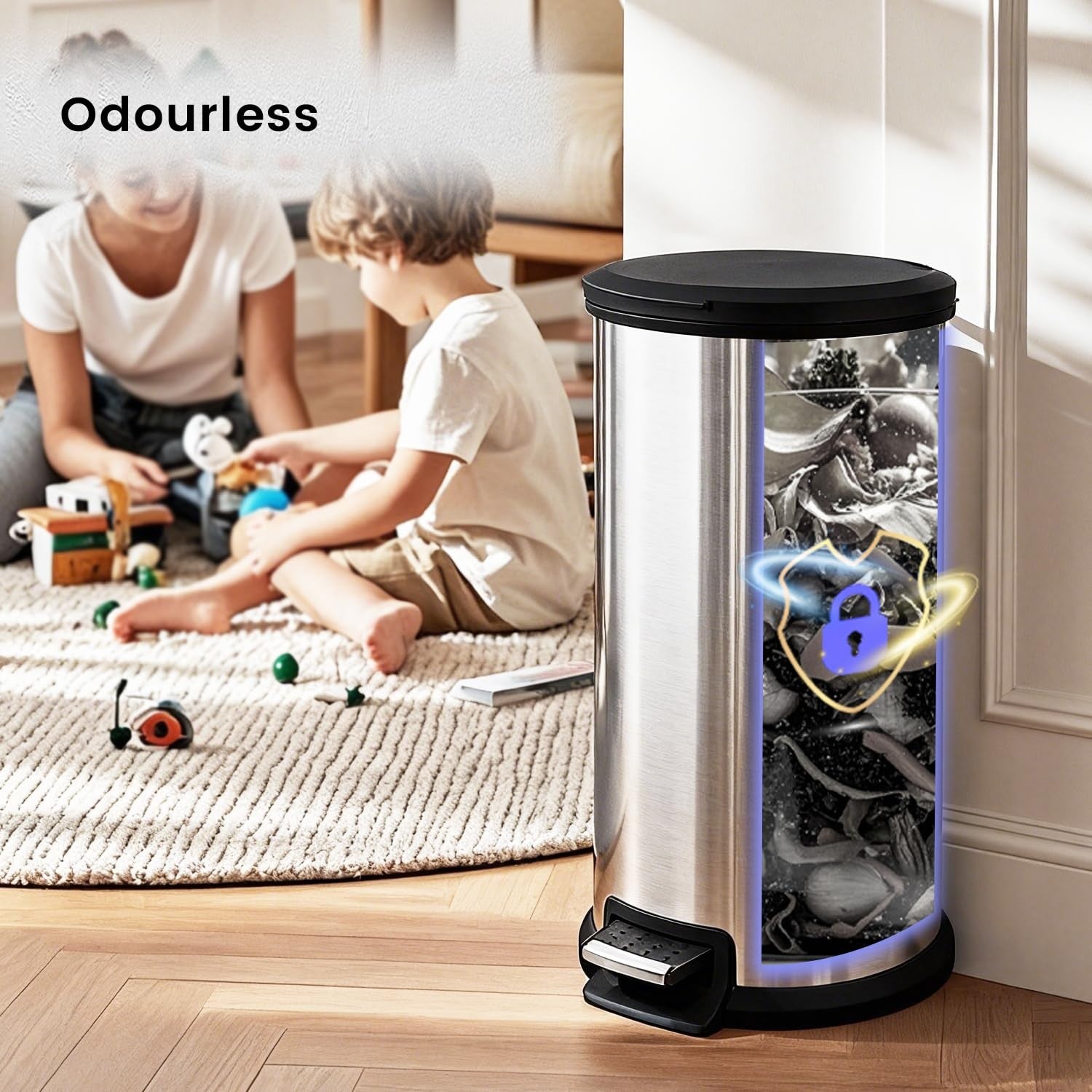 40L Round Stainless Steel Pedal Bin Kitchen Soft Close Silver