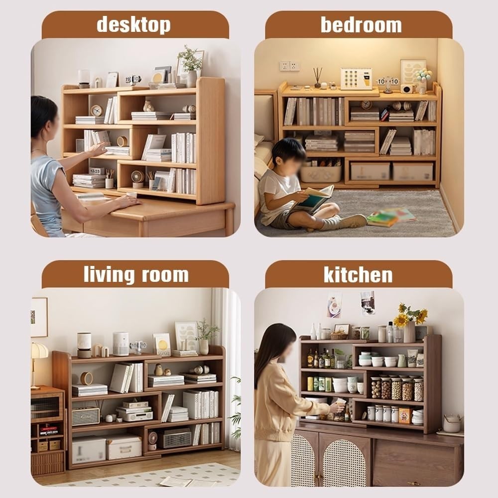 Expandable 3-Tier Wood Desktop Bookshelf | Adjustable Brown Desk Storage 30–60cm