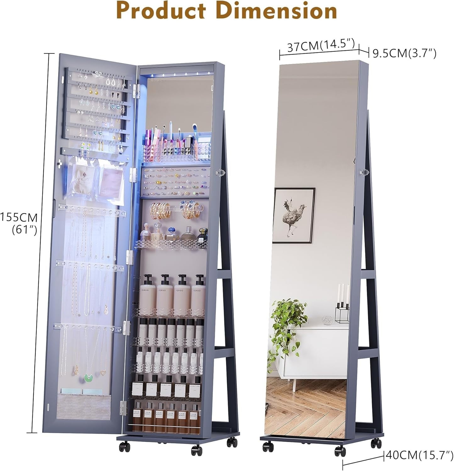 360° Swivel Jewelry Cabinet LED Full Length Mirror Rolling Storage Gray