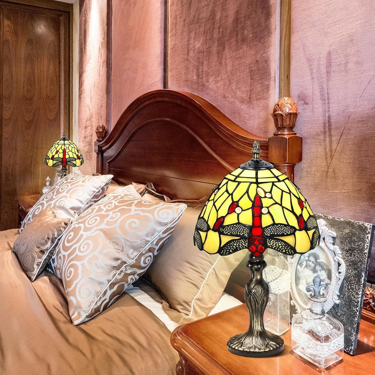Antique Stained Glass Table Lamp Dragonfly Design Warm LED Light