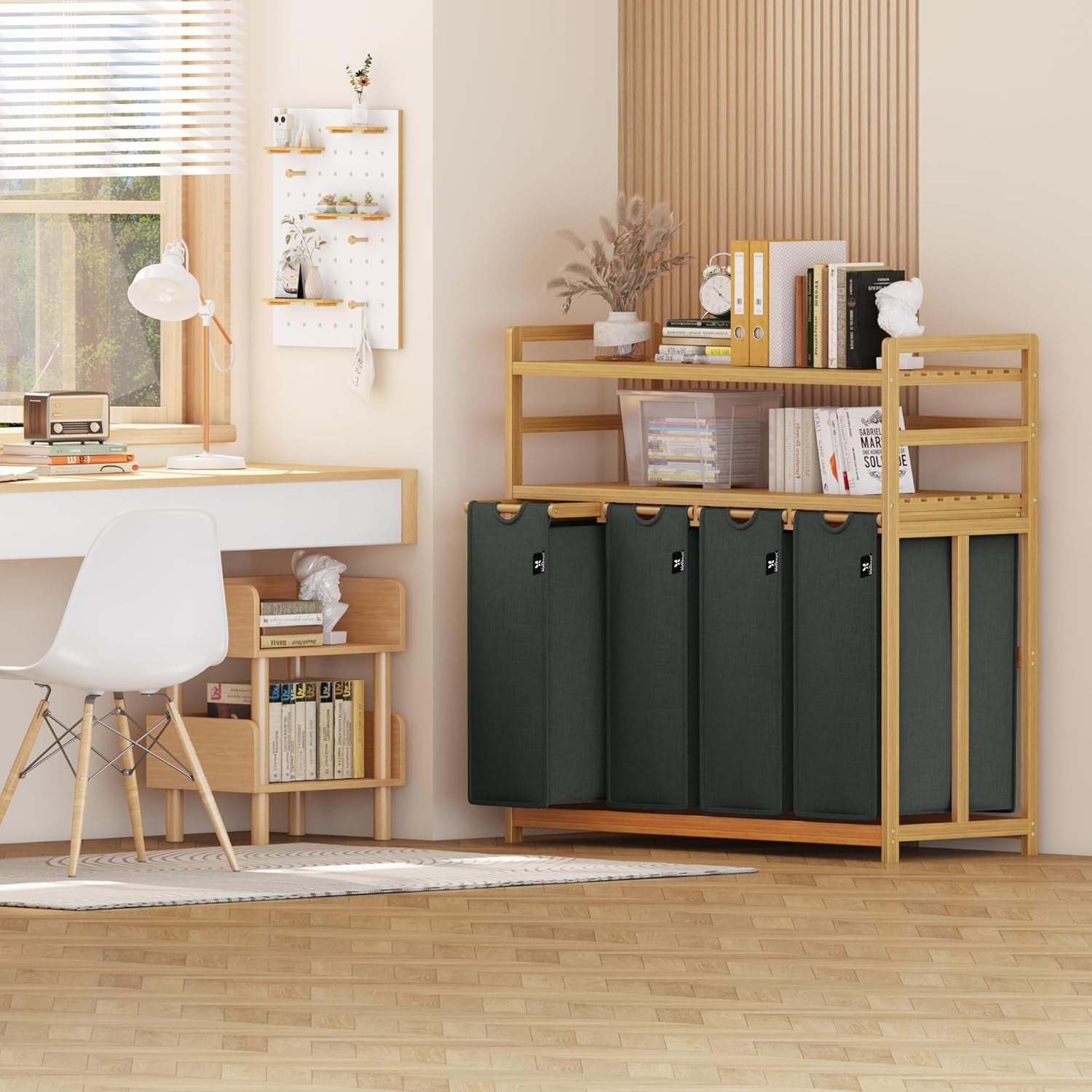 200L 4-Section Laundry Sorter Bamboo Frame Grey With Shelf Removable Bags