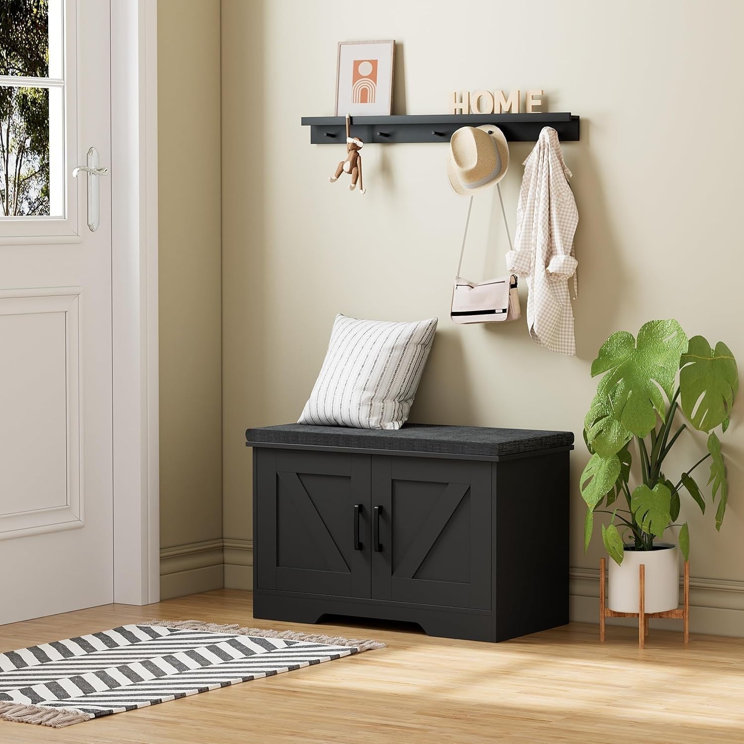 Black 2-Tier Shoe Bench with Cushion & Adjustable Shelf 70x35x45cm