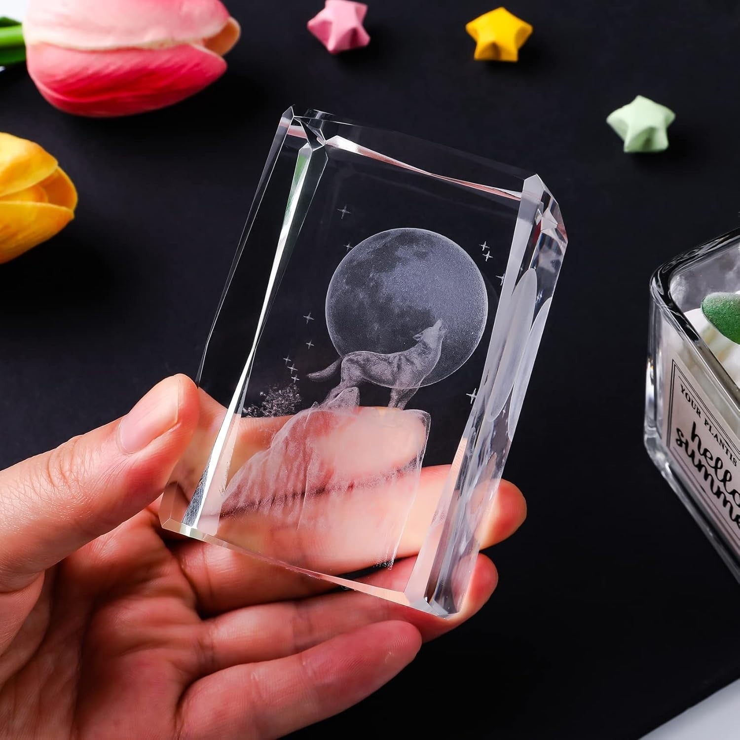 3D Crystal Wolf Ornament with LED Base • Howling Moon Glass Gift for Men & Women