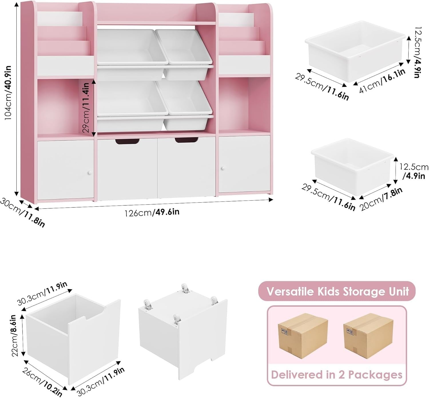 Kids Toy Storage Bookcase with Drawers & Bins – 126cm Pink Organiser