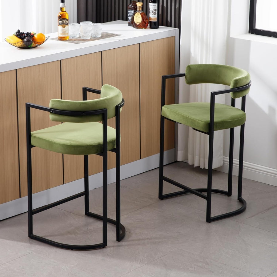 Green Velvet Bar Stools Set of 2 Metal Frame Counter Height Kitchen