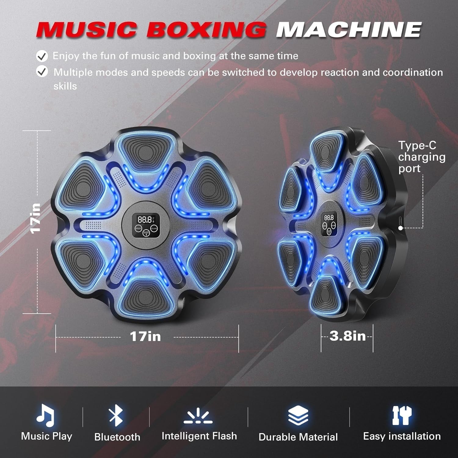 Music Boxing Machine LED Punch Trainer Bluetooth Mounted