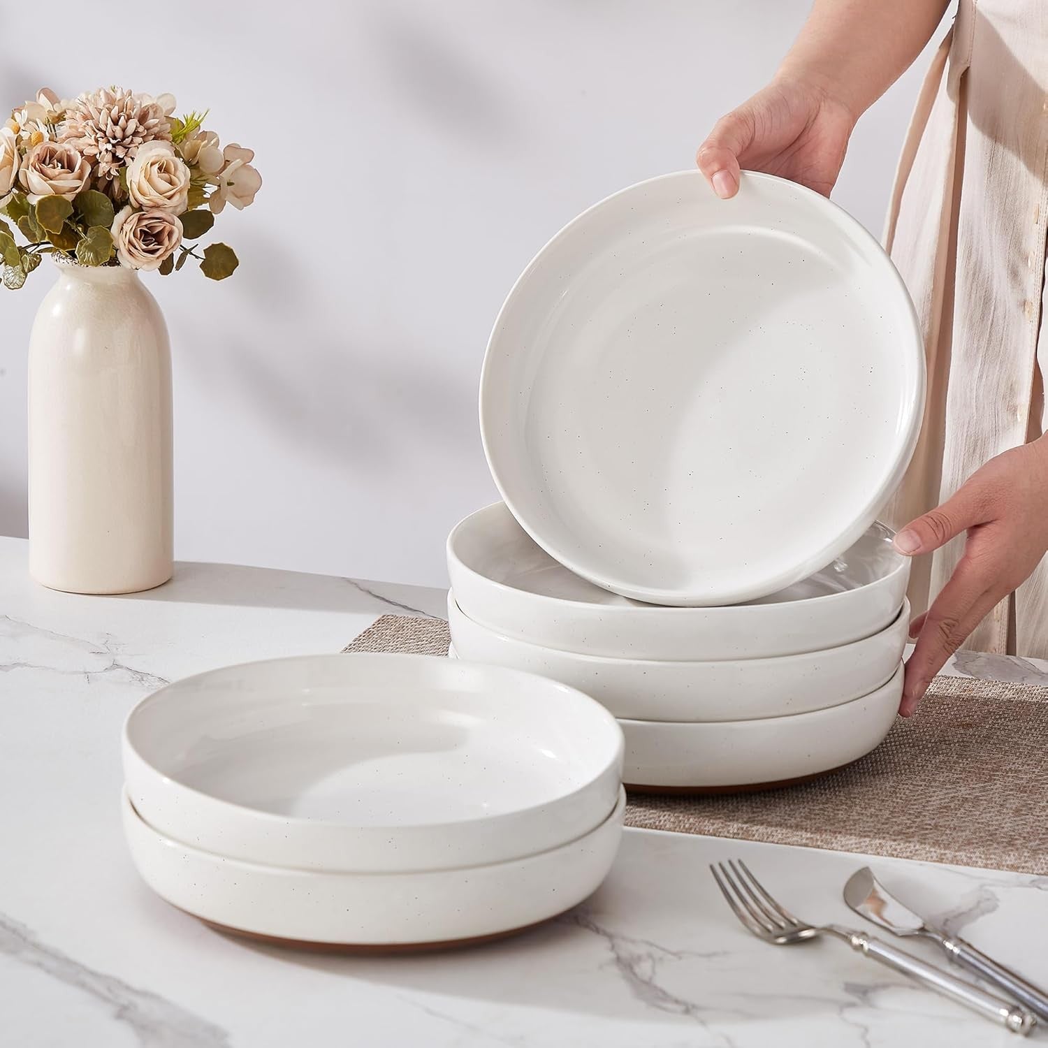 Large Pasta Bowls Set of 6 Ceramic Soup Bowls 48oz 9in Microwave Safe
