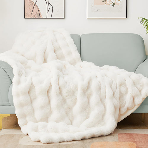 Luxury Beige Faux Fur Bubble Blanket Twin 152x203cm Super Soft Cozy
