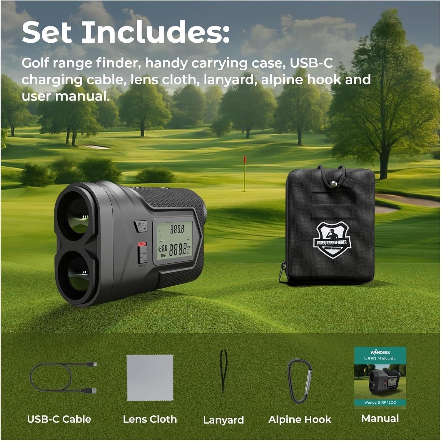 Golf Rangefinder 1200 Yards Slope Switch Flag Lock USB-C Rechargeable