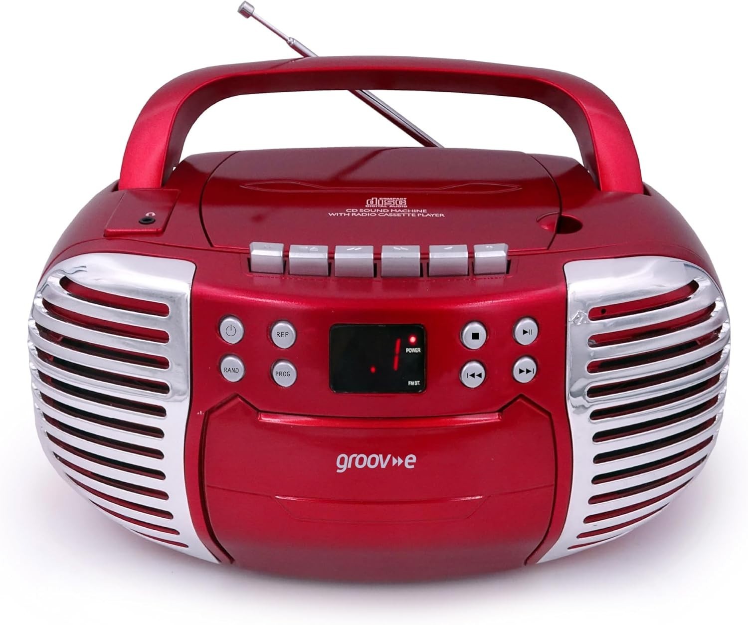 Retro Boombox CD & Cassette Player with Radio, Aux & Headphones – Red