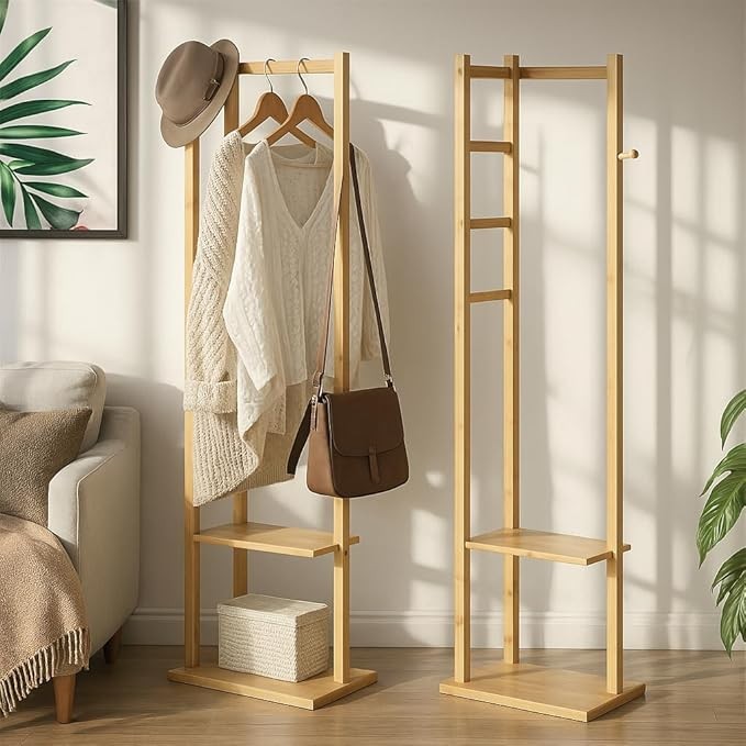 Wooden Coat Rack with 2 Shelves | Freestanding Bamboo Hall Tree Stand