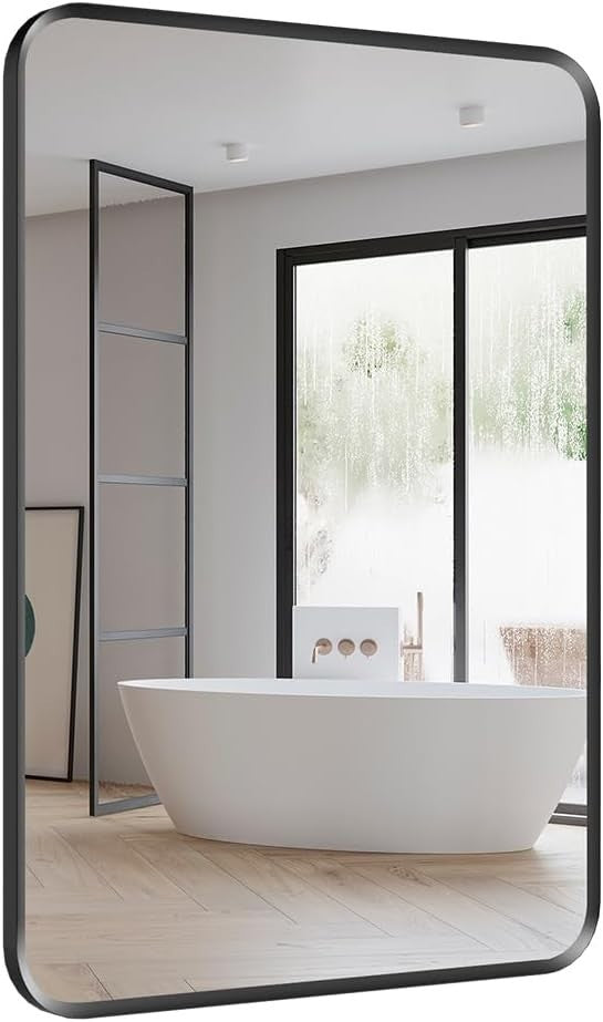 Black 50x70cm Bathroom Wall Mirror with Rounded Corners & Aluminum Frame