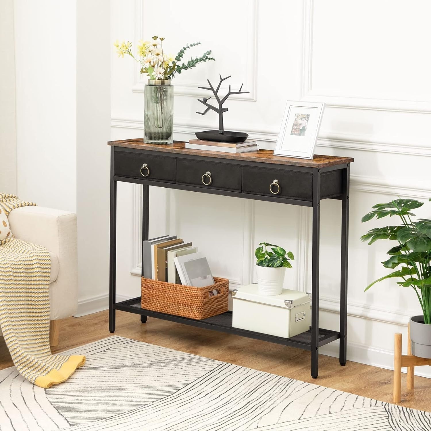 Industrial Console Table with Drawers & Shelf, Slim Metal Frame, 100cm