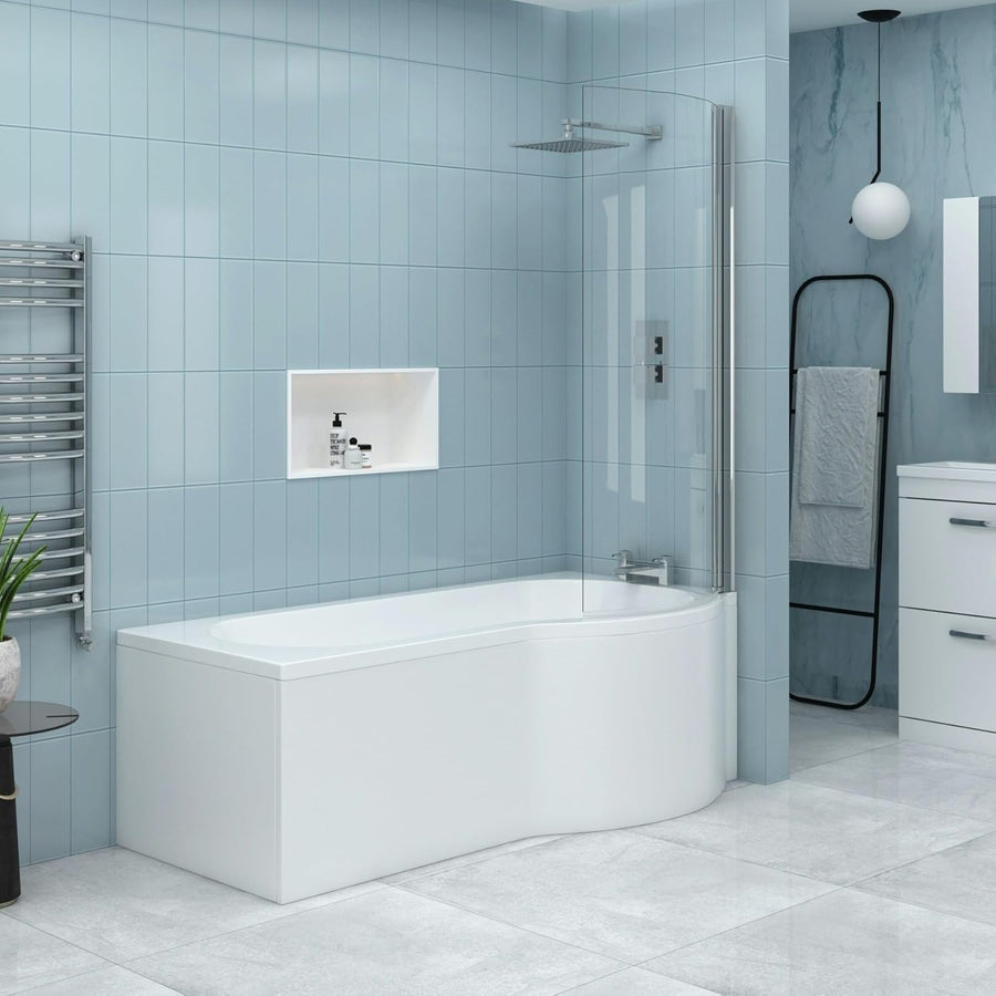 1700x850mm Right Hand P-Shaped Acrylic Shower Bath with Front Panel Glass Screen