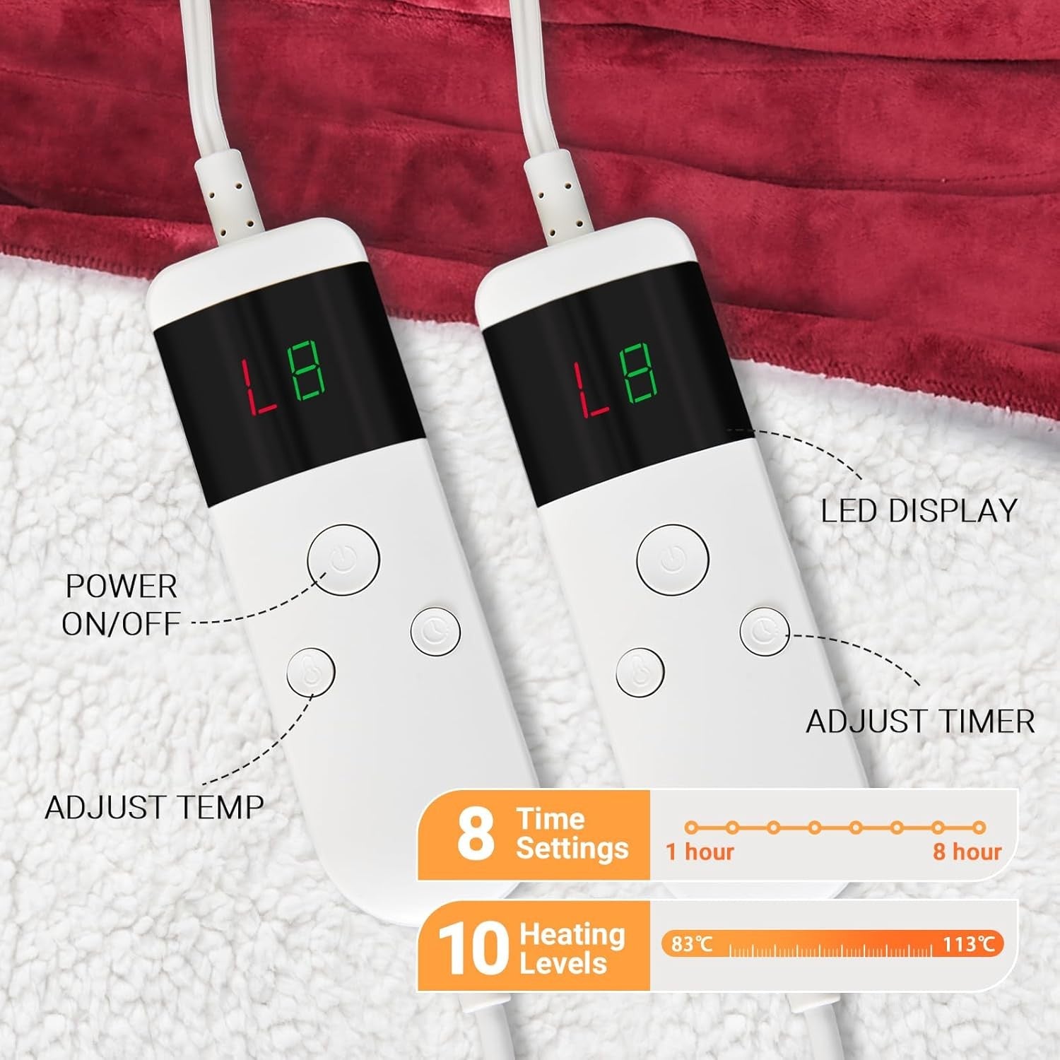 Electric Heated Blanket 180x200cm Sherpa Fleece 10 Heat Settings Timer